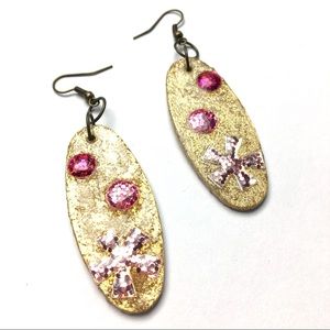 Statement Earrings Drop Gold Pink Glitter Dangle